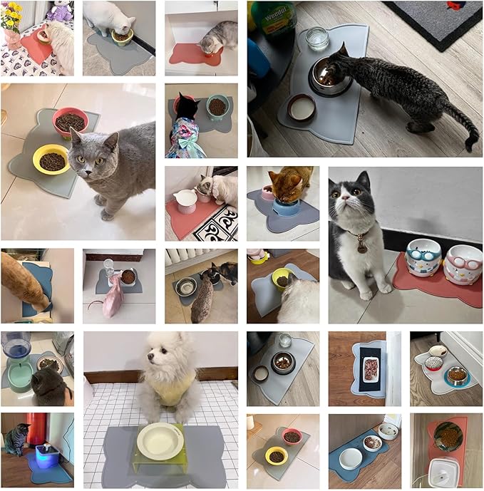 Cat Food Mat, Silicone Non Slip Dog Bowl Mat Waterproof Cat Feeding Mat Stop Food Spills and Water Messes Out to Floor Pet Food Mat (Stone Blue, 20" x 12")