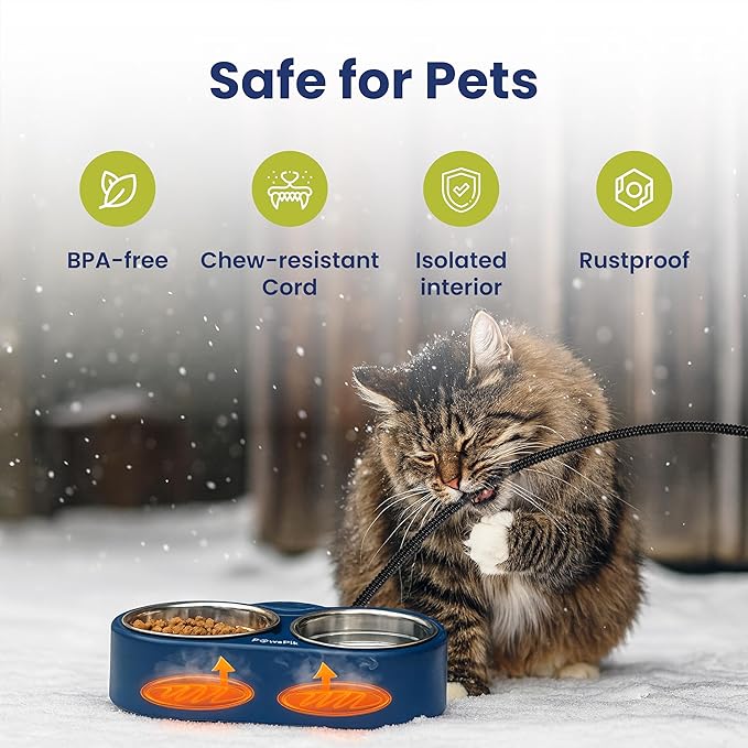 PawsPik Heated Water Bowl for Cats, 18/8 Stainless Steel Heated Pet Bowl, Outdoor Cat Bowl in Winter, Blue, 3 Cups