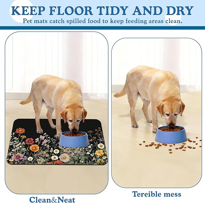 Vintage Wild Herbs Dog Cat Food Mat–Christmas Stocking Absorbent Waterproof Placemat for Food and Water Bowls, Non Slip Rubber Backing, Feeding Mat for Clean Floors 16"x24"