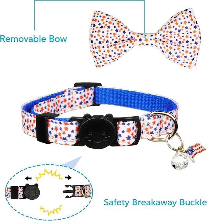 2 Pack 4th of July Cat Collar with Bow Tie Patriotic Adjustable Breakaway Safety Buckle Kitten Collars with Stars & Stripes Design and Charm Independence Day Cat Accessories for Boys & Girls