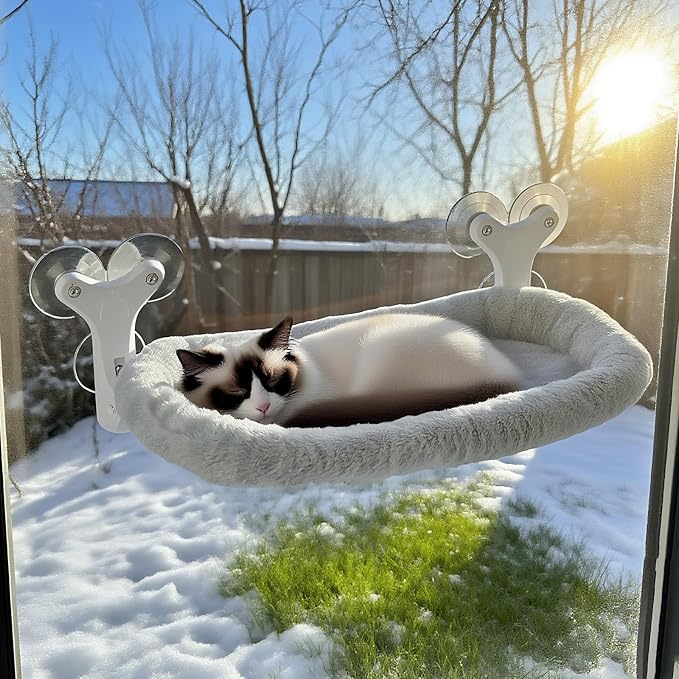 Cat Window Perch with 6 Strong Suction Cups,Mats That can be Switched Between Winter and Summer,Foldable Cordless Cat Beds Can Bear 50LBS Weight (Grey)