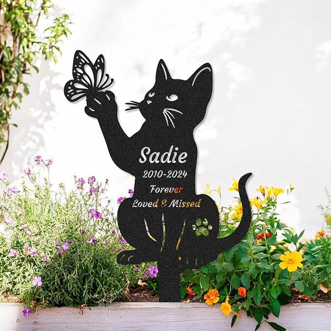 Personalized Custom Butterfly Cat Memorial Grave Marker Garden Stake Pet Loss Sympathy Gift Outdoors Memorial Plaque Metal Cats Yard Stake Garden Decor Sign Cemetery Decorations for Grave