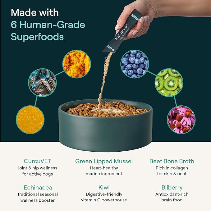 POP-Topper Dog Food Meal Toppers – Multivitamin Powder for Dogs Under 35 lbs - Delicious Bone Broth Base with 6 Human-Grade Superfoods - Supports Joints, Gut, Skin & Coat - 30 Packets