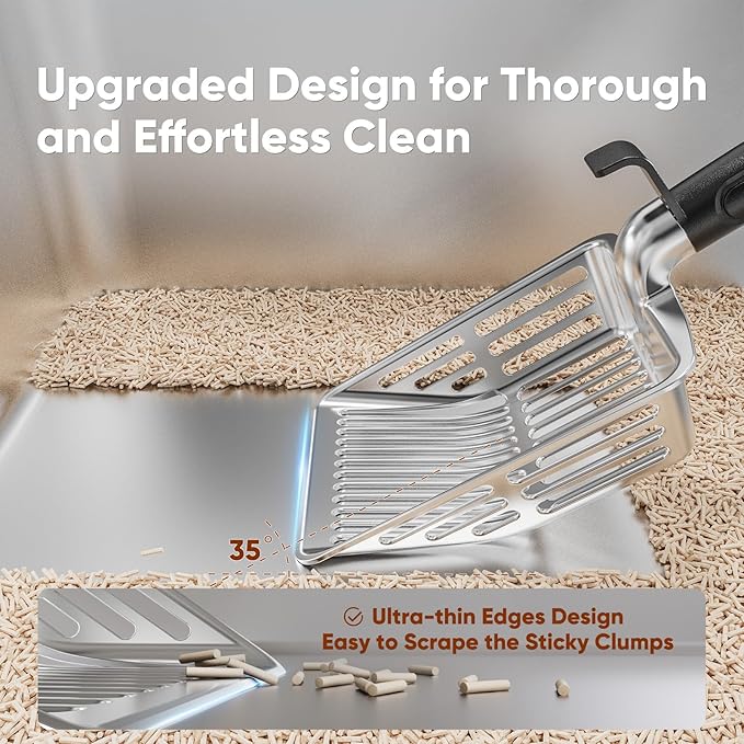 Metal Cat Litter Scoop, Large Cat Scooper with Deep Shovel & Dual Sifting Holes for Fast & Precise Sifting, Space Aluminum Kitty Litter Scooper with Long Handle & Easy-to-Hang Hook - Black