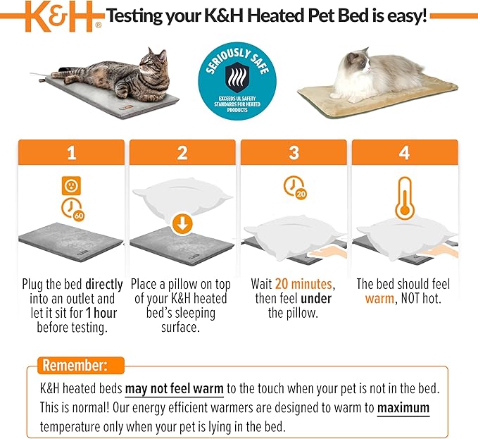 K&H Pet Products Heated Cat Bed Pad for Indoor Cats, Thermo-Kitty Mat Calming Warm Pet Heating Pad for Inside Pets, Machine Washable, Waterproof Heater, Safety Listed - 12.5 X 25in Mocha/Tan