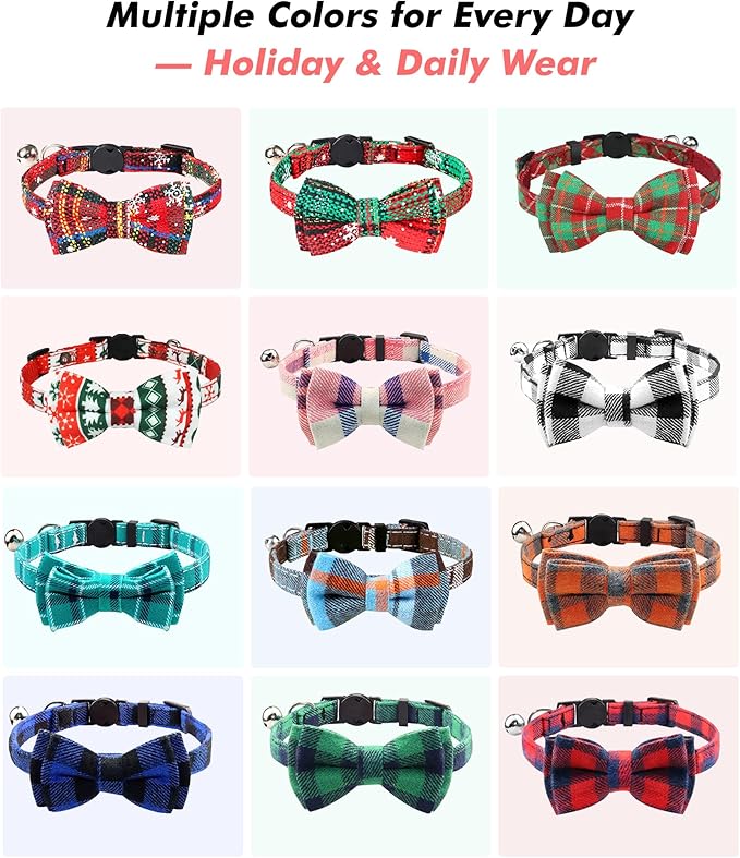 Joytale Upgraded Christmas Cat Collar with Bells, Breakaway Cat Collars with Bow Tie, 1 Pack Girl Boy Safety Plaid Kitten Collars, Christmas