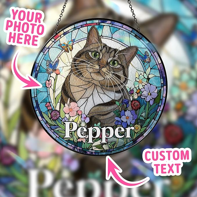 Custom Cat Dog Portrait Art Suncatcher Stained Glass Window Hanging Remembrance Gift Indoor Decor Dog Bereavement Keepsake Loss of Pet Sympathy with Name Date Portrait