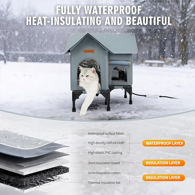 Outdoor Cat House Weatherproof, Heated Cat House for Outside, Insulated Outdoor Cat Shelter with Thickened Model (Grey, L)