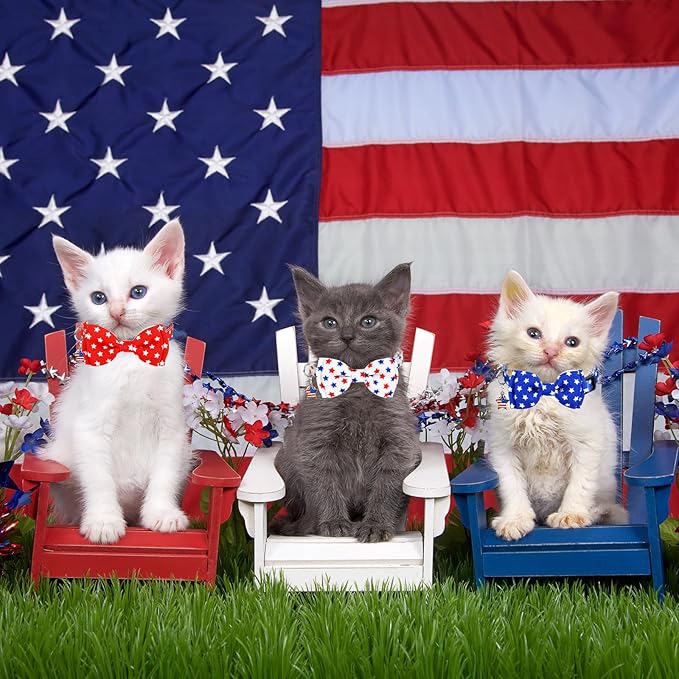 JarThenaAMCS 3Pcs Patriotic Cat Collar American Flag Star Collar with Breakaway Bell Bow Red White Blue 4th of July Adjustable Kitten Collars for 250th Anniversary Independence Day Supplies