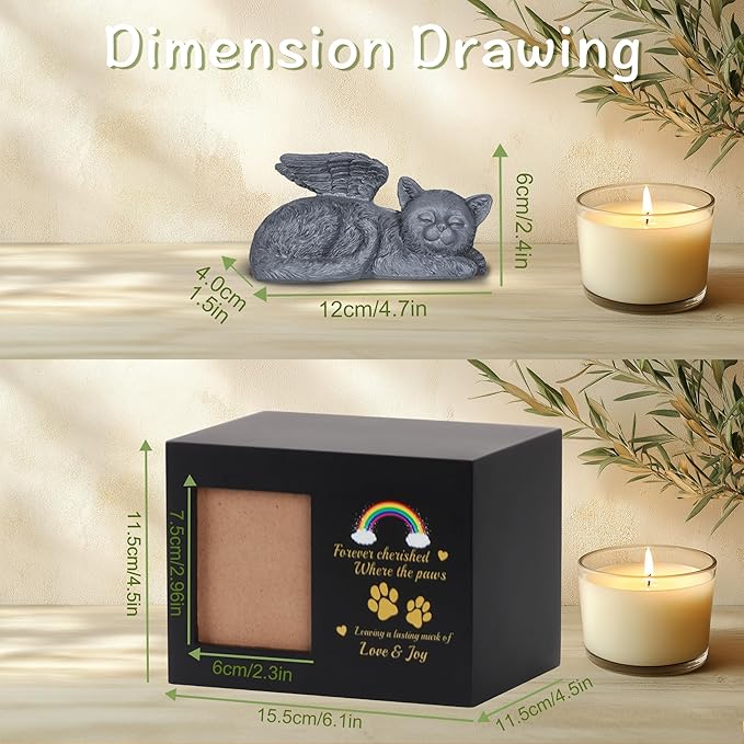 Cat Urns for Ashes, Rainbow Bridge Pattern Black Wooden Keepsake with Photo Frame, Pet Memory Box with Resin Cats Angel Statue and Sealed Storage Bags (Up to 10kg)