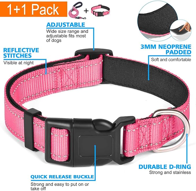 Reflective Dog Collar Padded with Soft Neoprene Breathable Adjustable Nylon Dog Collars for Small Medium Large Dogs (Medium (Pack of 1), Pink Collar+Leash)