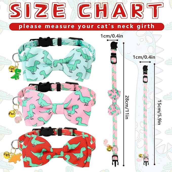 JarThenaAMCS 3Pcs Dinosaur Cat Collar Cute Pink Green Red Collar with Breakaway Bell Bowknot Adjustable Kitten Collars for Girl Boy Cat Small Pet T-Rex Party