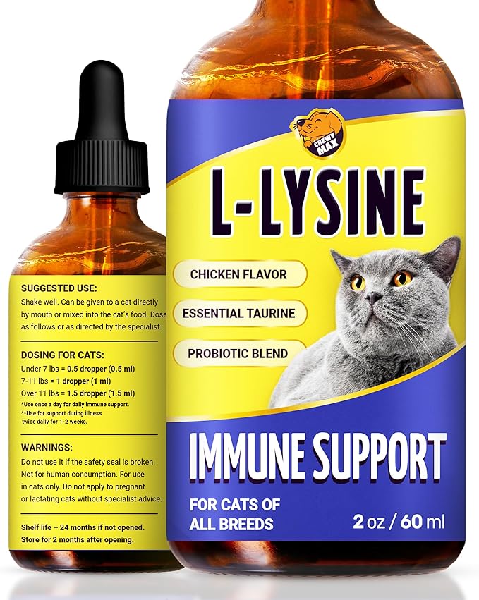 L Lysine for Cats & Kittens Helps with Watery Eyes, Sneezing, Cough, Runny Nose – Natural Cat Antibiotic Supplement with Taurine, Vitamins for Eye Function & Immune Support – Chicken Flavor – 2 oz