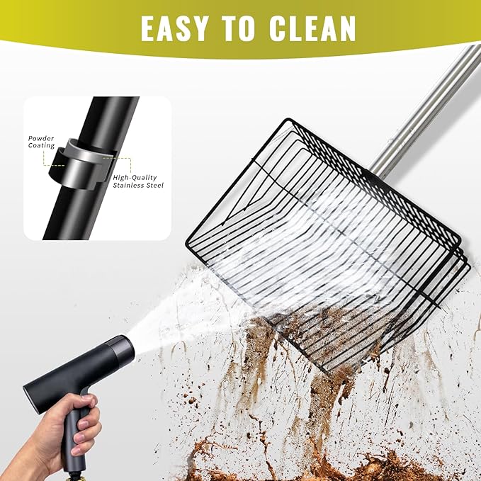 Metal Chicken Poop Scooper, 5-in-1 Detachable Chicken Coop Scoop Rake, Long Stainless Steel Handle, Chicken Litter Scoop Sifting Shovel Chicken Coop Scooper for Sand (10inch Large)