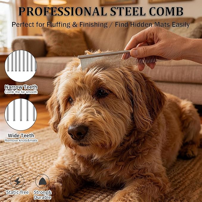 Long Pin Slicker Brush for Doodles & Poodles - 25mm Extra Long Pins Dog Brush with Stainless Steel Cleaning Comb, Solid Beech Wood Dematting Brush for Thick, Curly & Double Coats,Blue