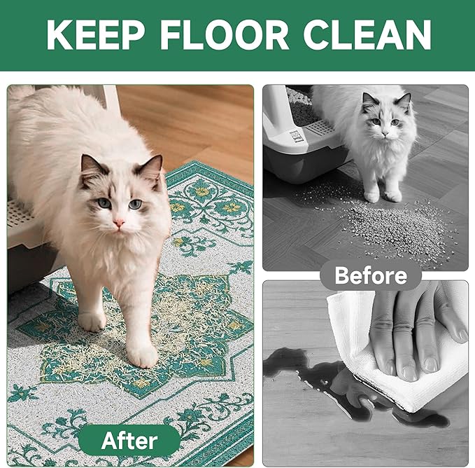 Cat Litter Mat, 35" x 23" Litter Box mat, Traps 100% Litter, Non-Slip Kitty Litter Trapping mats, Large Cute Litter mat, Easy Clean for Scatter Control, Bohe cat Food mat, Urine Waterproof