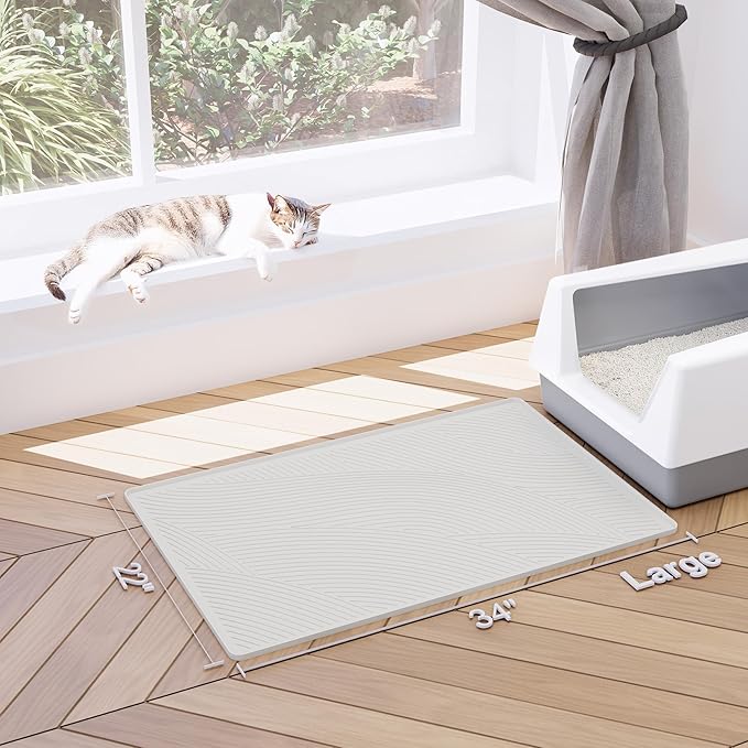 Cat Litter Box Mat - L Large Size 34 x 22 in, Water Proof, Kitty Litter Trapping Mat, Easy to Clean, Scatter Control, Odorless, Pet Supplies for Indoor Cats, Beige Gray
