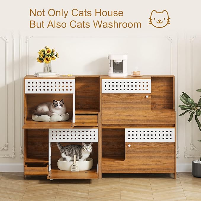 Modern 2 in 1 Side Table Cat Furniture, Cat Litter Box Enclosure, Cat House with Storage, for 2 Small-Medium Sized Cats - Brown