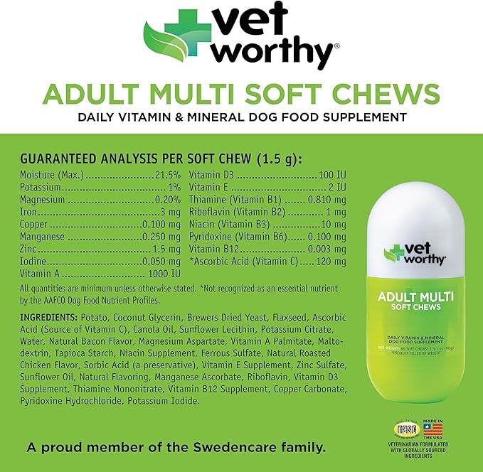 Vet Worthy Adult Multi Soft Chews - Daily Multivitamin for Dogs - Supports Immunity, Metabolism, & Maintenance - Dog Multivitamins Chewable for Skin and Coat Health - Multi Vitamins for Dogs - 60 Ct