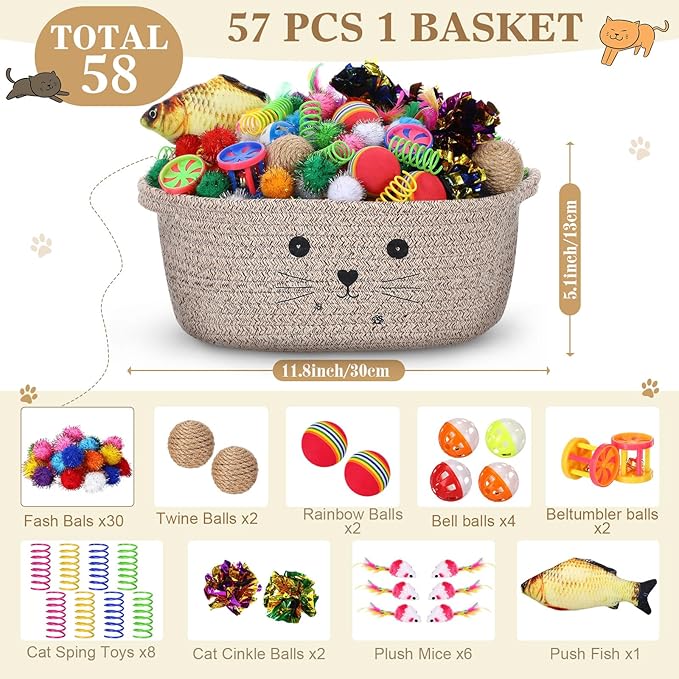 Zopeal 58 Pcs Valentine's Day Cat Storage Basket Gift Toys Set, Colorful Flashing Balls Pet Bell Crinkle Balls Spring Toys Attract Cat to Swat, Hunt, Interactive for Pet(Dark Brown,12 Inch)
