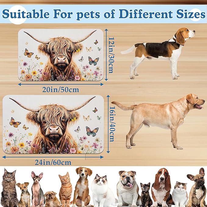 Highland Cow Butterfly Dog Food Mat–Christmas Stocking Absorbent Quick Dry Feeding Placemat for Food and Water Bowls, Non Slip Rubber Backing, Waterproof Pet Supplies for Mess-Free Eating 16"x24"
