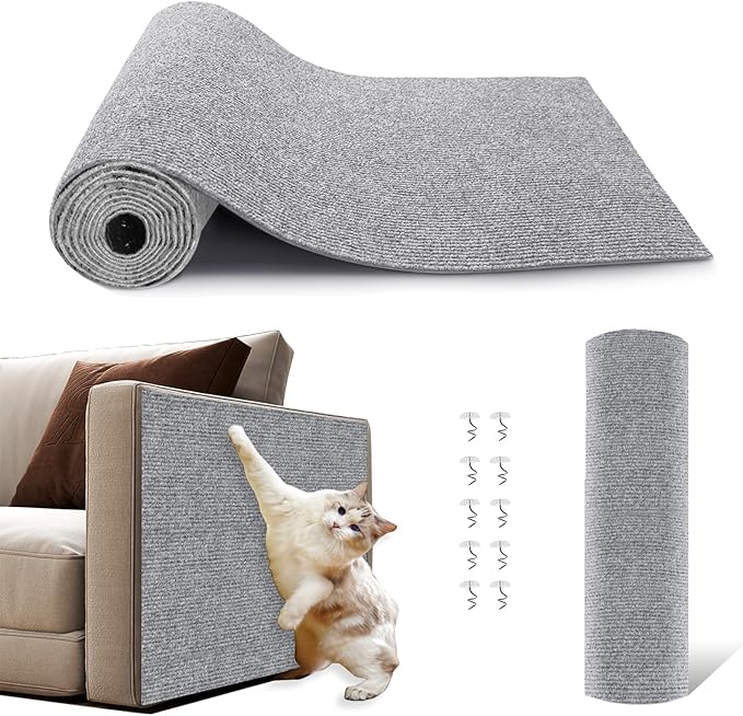 NATUYA Cat Scratcher Mat Furniture Protector, Trimmable Replacement for Cat Tree Scratch Post, Self-Adhesive Couch Protector, Large Cat Climbing Wall Mounted Pad (Light Gray, 78.7 * 15.8")