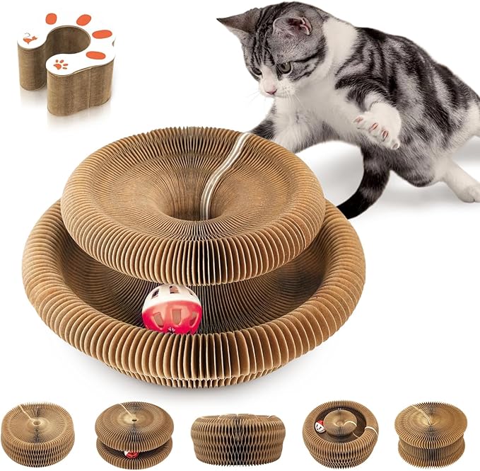 Collapsible Cats Cardboard Scratcher, Interactive Cat Toys for Indoor Cats, Scratch Pad Shape Shifting Ball Track with Bell, Magic Organ Cat Toy for Chase & Scratch Paw Toys for Kitties Paw