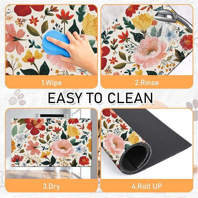 Pet Dog Cat Food Mat - Hamdwerk Absorbent Dog Bowl Mats for Food and Water, Anti Slip Cat Bowl Feeding Placemat for Floors, Quick Dry Diatomite Pet Dish Matts Supplies, Floral Style, 12 * 20in