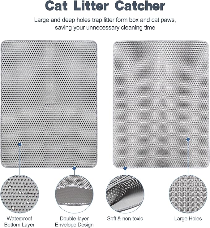 Cat Litter Mat 30"x24" Double Layer Waterproof & Non-Slip - Honeycomb Washable EVA Large Litter Mat for Scatter Control, Urine Proof Litter Trapping Mat for Litter Box(Light Grey)