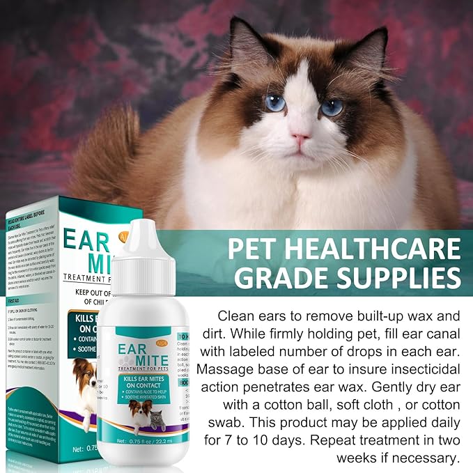 Ear Mites Clean for Dogs & Cats - Cat Ear Mite Treatment with Aloe Vera, Cleaner on Contact & Soothes Itching, Vet-Recommended Formula for Pets Ear Cleaning, Fast-Acting 0.75oz Bottle