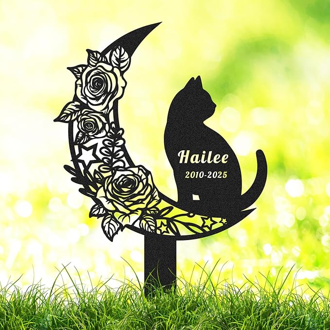 Custom Cat Memorial Grave Marker Burial Stake, Personalized Rose Flowers Moon Cat Memorial Stake Garden Yard Sign for Outdoors, Customized Metal Cats Memorial Plaque Pet Loss Sympathy Gift