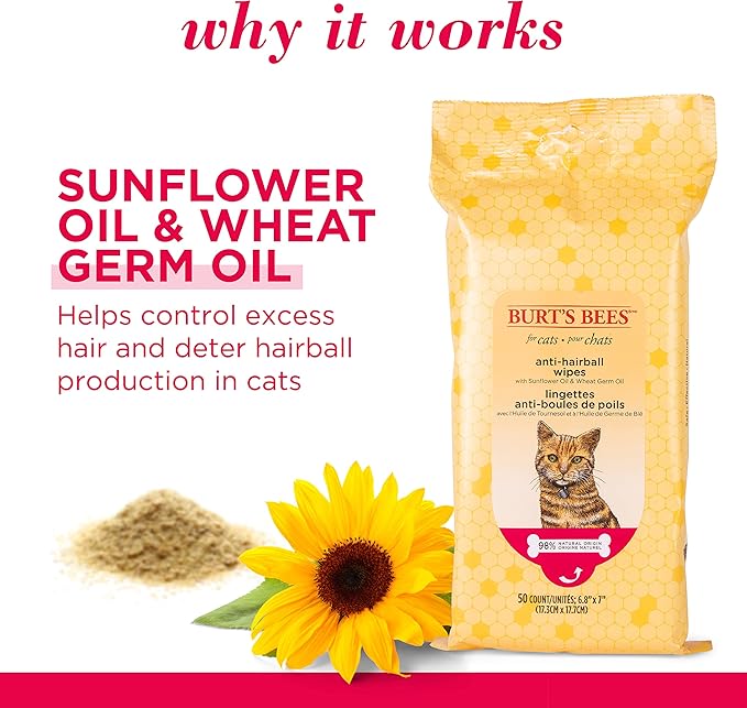Burt's Bees for Pets Anti-Hairball Wipes for Cats, Sunflower Oil and Wheat Germ Oil, 98% Natural Origin, Cruelty-Free Cat Hairball Remedy Wipes, pH Balanced, Made in the USA, 50 Count - 6 Pack