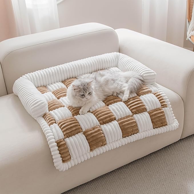 Couch Covers for Dogs and Cats, Fuzzy Dog Sofa bed with Cream Square Plaid, Plush Pet Couch Cover Bed, Thickened Quilted Furniture Protector Mat for Large Medium Pets (Light Brown 27.56"*27.56")
