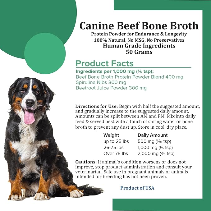 Holistic Bin Canine Beef Bone Broth Protein Powder Dog Food Toppers | Daily Supplement Powder with Bone Broth, Spirulina Nib & Beetroot | Glossy Coat, Joints & Overall Wellness | Beef Blend (50g)