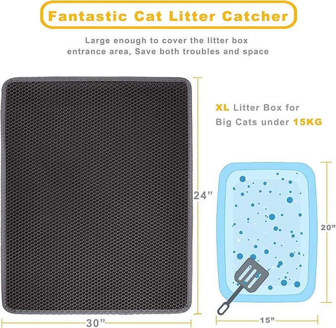 Cat Litter Mat 30" x 24" LARGE Size, Urine Proof Waterproof Sleeping Pad, Premium EVA No Phthalate, Washable Easy Clean, Trapping for Litter Box Anti Tracking Kitty Mats Gray