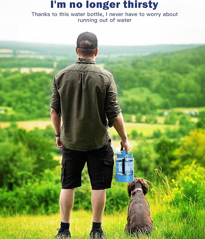 77oz Large Dog Water Bottle - Portable Travel Dog Water Dispenser & Bowl - Leak-Proof Pet Water Jug for Hiking, Camping, Walking & Car Trips, Blue