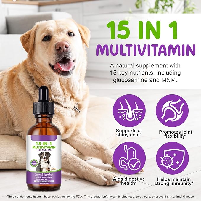 Dog Multivitamin Drops, 15 in 1 Multivitamin Liquid for Dog with Vitamin C-20 Mg, Vitamin D-100 Iu & B1-3,Dog Health Supplements for Skin Care, Joints & Hips,Gut
