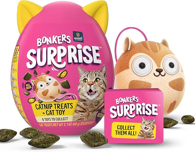 Bonkers Surprise Catnip Flavor Cat Treats, 60g Egg Case with Blind Box Cat Toy (1 of 8 Collectible Toys)