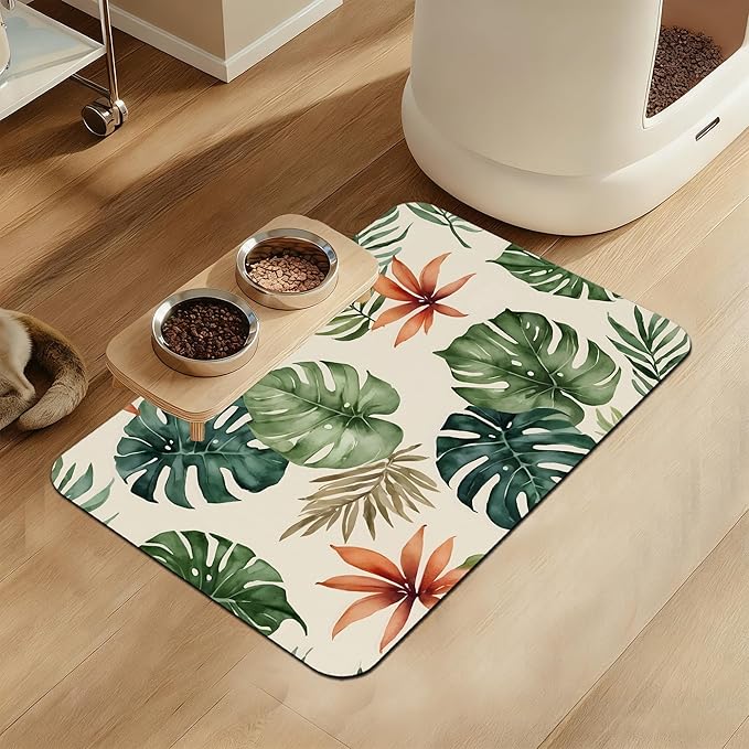 Boho Tropical Palm Pet Feeding Mat–Christmas Stocking Quick Dry Absorbent Dog Cat Food Mat, Non Slip Waterproof Bowl Placemat for Messy Eaters, Pet Accessories for Floors 12"x20"