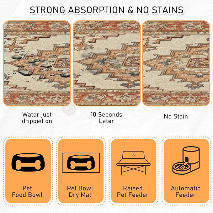 Pet Dog Food Mat - Absorbent Diatomite Dog Cat Feeding Mats for Food and Water, Anti Slip Dog Cat Bowl Placemat for Floors, Quick Dry Pet Dish Matts Supplies, Bohemia Style, 16 * 24in