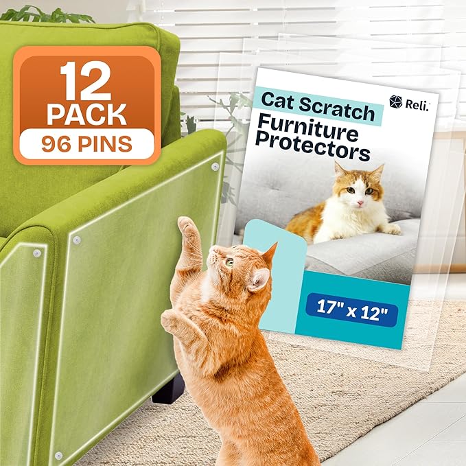 Reli. Cat Scratch Furniture Protector XL (12 Pack w/Pins) Anti Cat Scratch Couch Protector from Claws | Self Adhesive, Clear Plastic Furniture Shield for Couch Corner, Sofa