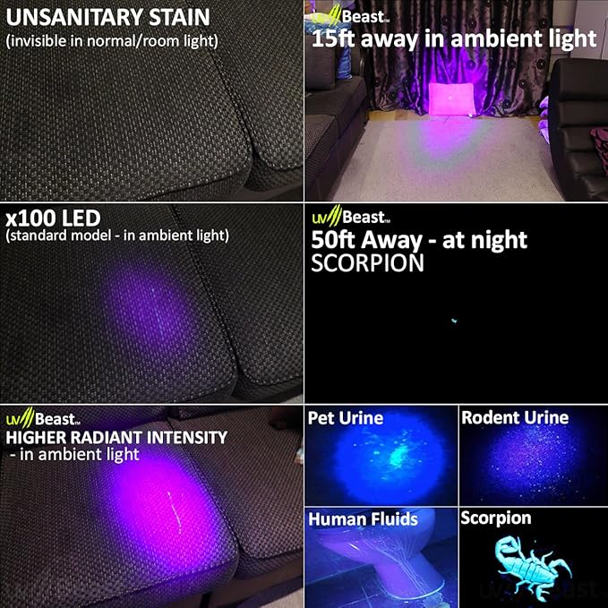 uvBeast Black Light UV Flashlight – High Power 100 LED with 30-feet Flood Effect – Professional Grade 385nm-395nm Best for Commercial/Domestic Use Works Even in Ambient Light - USA Stock – UK Design