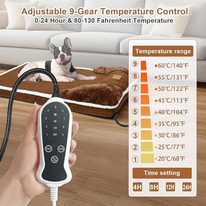 Heated Pet Bed for Cat & Puppy, 20×20In Dog Beds with Memory Foam Pet Bed, Nine Gears Smart Switch Dog Sofa with Timer, Washable Removable Cotton Sleeve, Soft and Comfortable