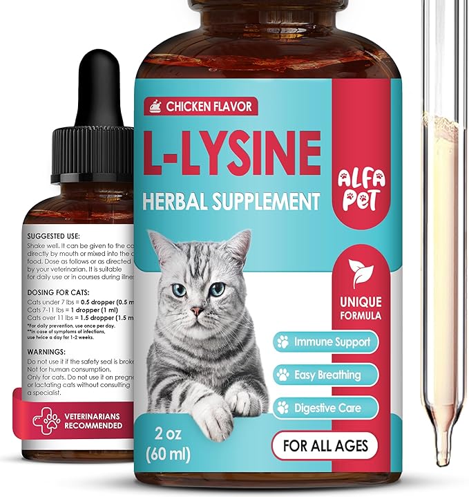 L Lysine for Cats Helps with Watery Eyes, Sneezing, Cough, Allergy – Works as Natural Antibiotic for Cats – Feline Upper Respiratory Supplement with Vitamins, Probiotic and Chicken Flavor – 2 Oz