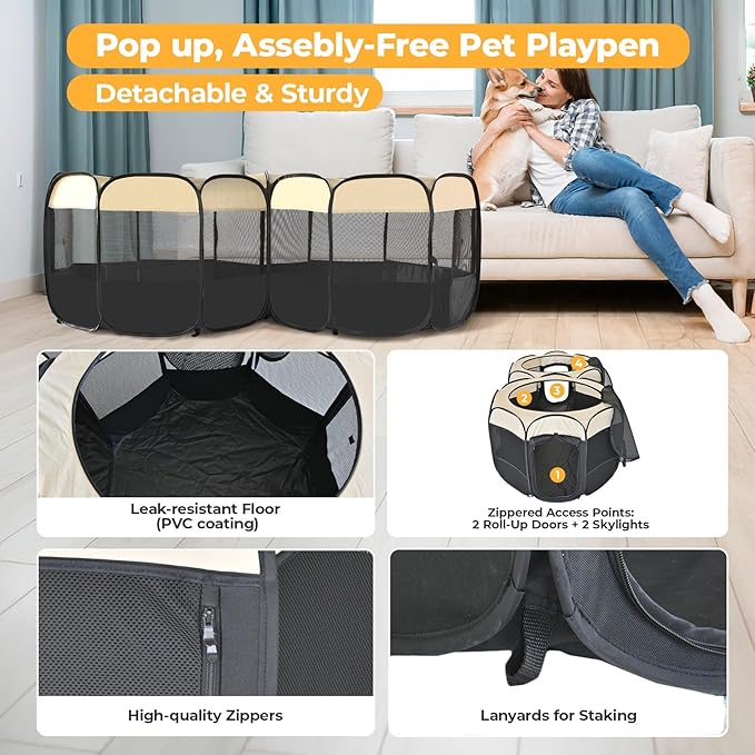 2-in-1 XLarge Pop Up Dog Cat Playpen, Detachable into 2 Separate Pens, Assembly-Free Portable Puppy House Collapsible Crates Pet Pen Tent Kennel Kitten Enclosure Cage Indoor Outdoor Foldable(L)