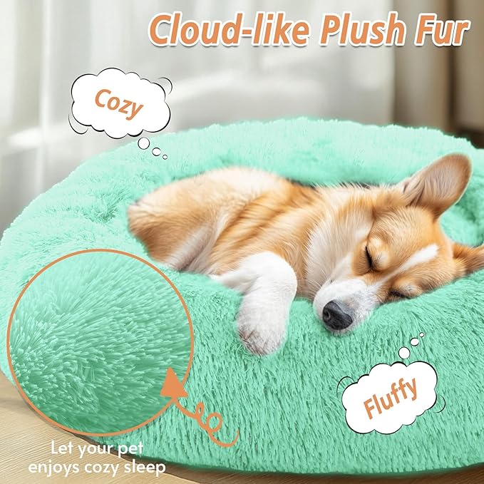 JOLLYVOGUE Calming Dog Bed for Small Dogs - 23 inches Donut Washable Small Dog Bed for Kittens & Puppies, Anti-Slip Round Fluffy Plush Faux Fur Cat Beds (Fits up to 25 lbs Pets, Mint Green)