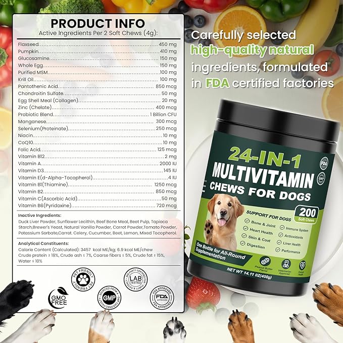 24-in-1 Dog Multivitamins Chewable, 200 Count Dog Vitamins and Supplements with Glucosamine Chondroitin Probiotics Omega-3 for Skin Coat Hip Joint Heart Liver Brain Eye Support - Peanut Butter