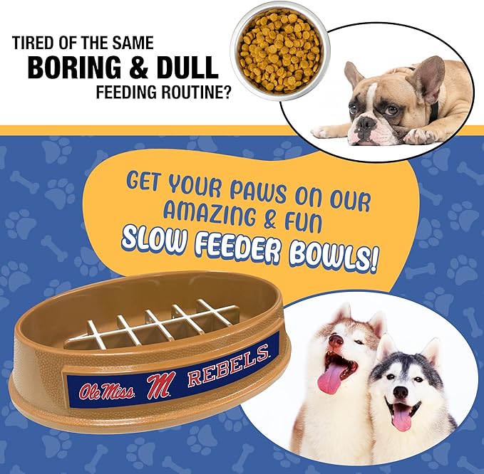 NCAA Super-Bowl - OLE Miss Rebels Slow Feeder Dog Bowl. Football Design Slow Feeding Cat Bowl for Healthy Digestion. Non-Slip Pet Bowl for Large & Small Dogs & Cats