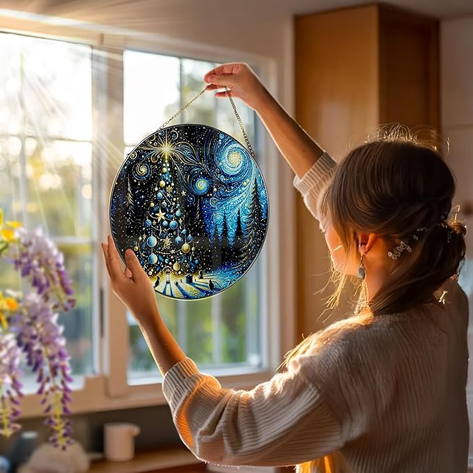 8″ Starry Night Christmas Tree Stained Glass Suncatcher Ornament, Stained Glass Window Hanging — Holiday Window Ornament | Gift for Christmas, Holiday Present Idea, Gift Exchange, Gifts Idea