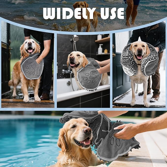 Doggy Dryer, Quick Dry Dog Towel, Microfiber Super Absorbent Dog Bath Towels for Drying Dogs Large & Small, Pet Towel with Hand Pockets, Soft & Durable Puppy Towel, Machine Washable-Grey 32"x14"
